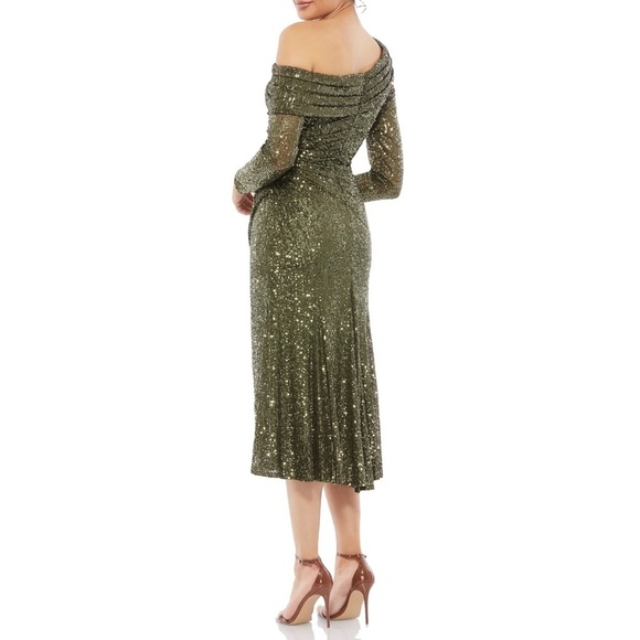 NWOT Ieena for Mac Duggal One Shoulder Sequin Long Sleeve Midi Dress in … - Picture 2 of 3